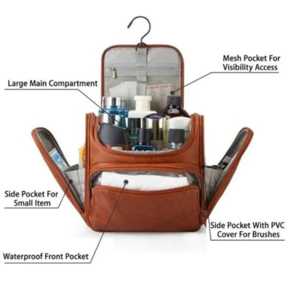 New Toiletry Bag, Travel PU Leather Hanging Hook, Brown - Picture 2 of 8